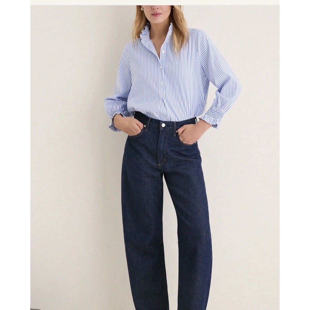 Tuckernuck Teagan Popover Blouse in White And Blue Striped. Size M. - Picture 9 of 10